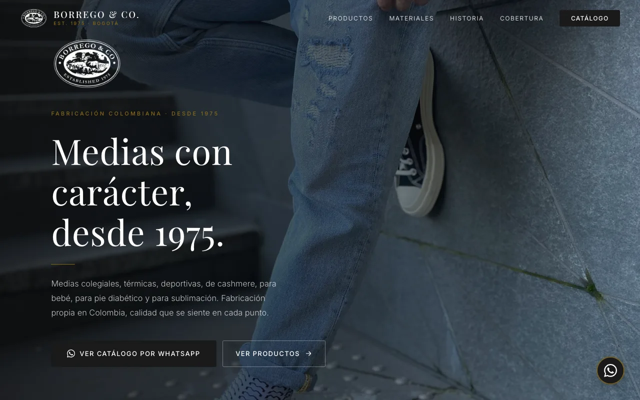Página web de Borrego & Co., Fabricante de medias · Bogotá, diseñada por Sin Página