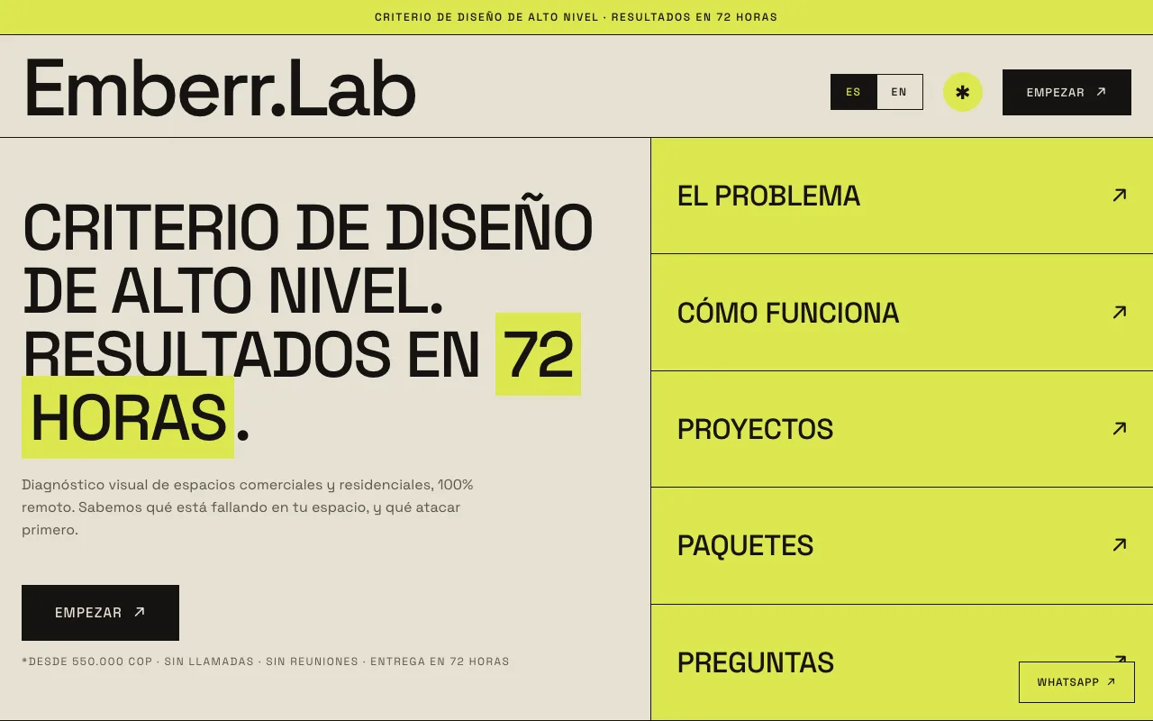 Página web de Emberr.Lab, Diseño de interiores · Medellín, diseñada por Sin Página