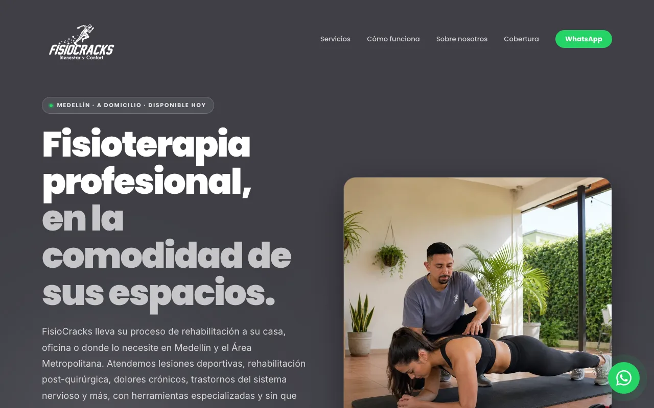Página web de FisioCracks, Fisioterapia a domicilio · Medellín, diseñada por Sin Página