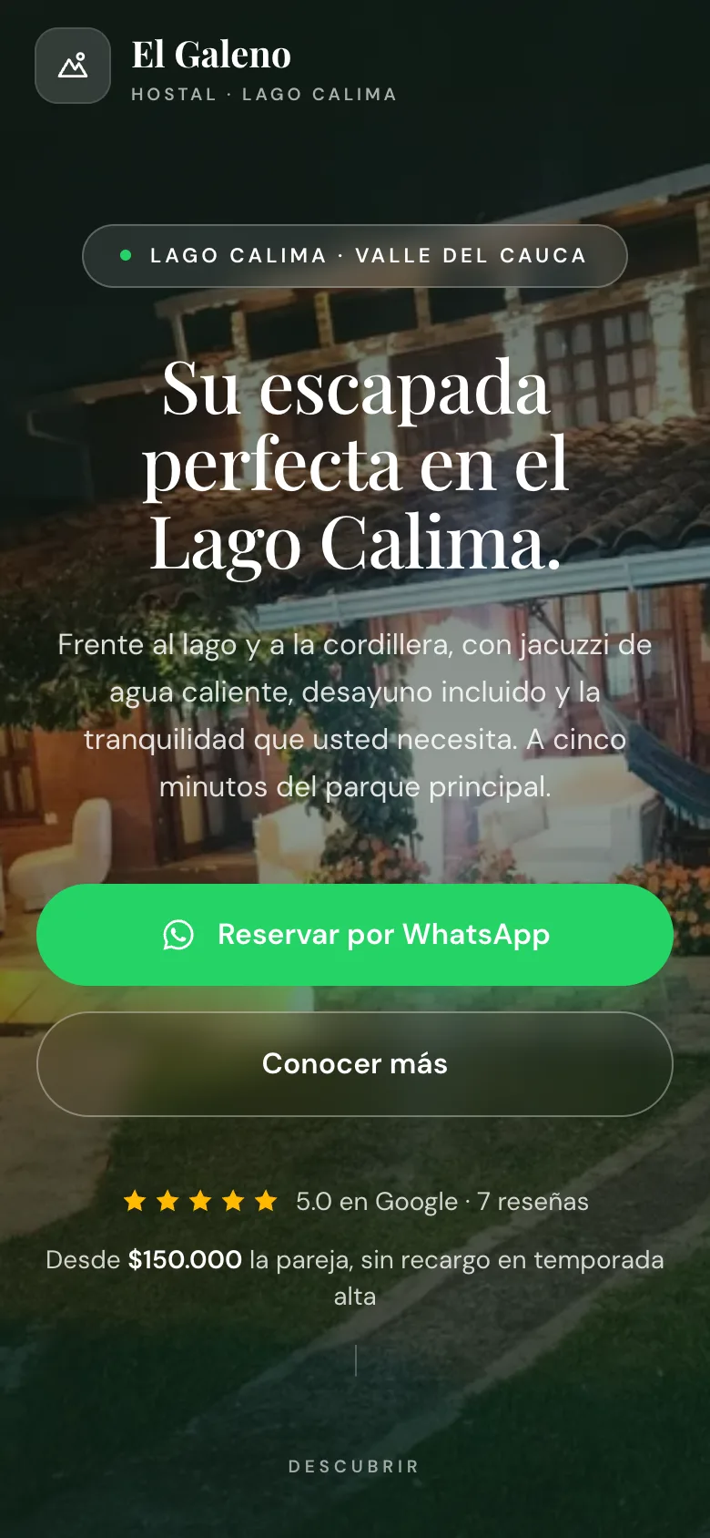 Sitio web de Hostal Campestre El Galeno visto en un celular