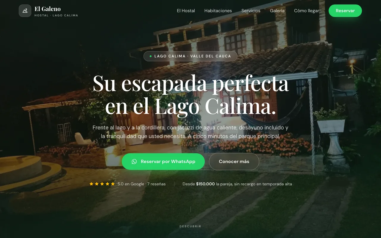Página web de Hostal Campestre El Galeno, Alojamiento · Lago Calima, Valle del Cauca, diseñada por Sin Página