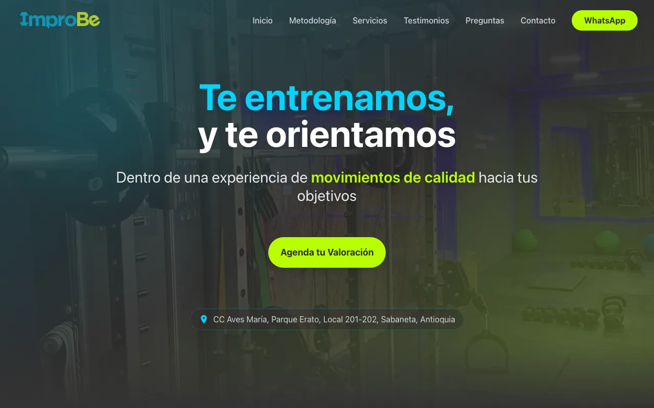 Página web de Improbe, Gym · Sabaneta, diseñada por Sin Página