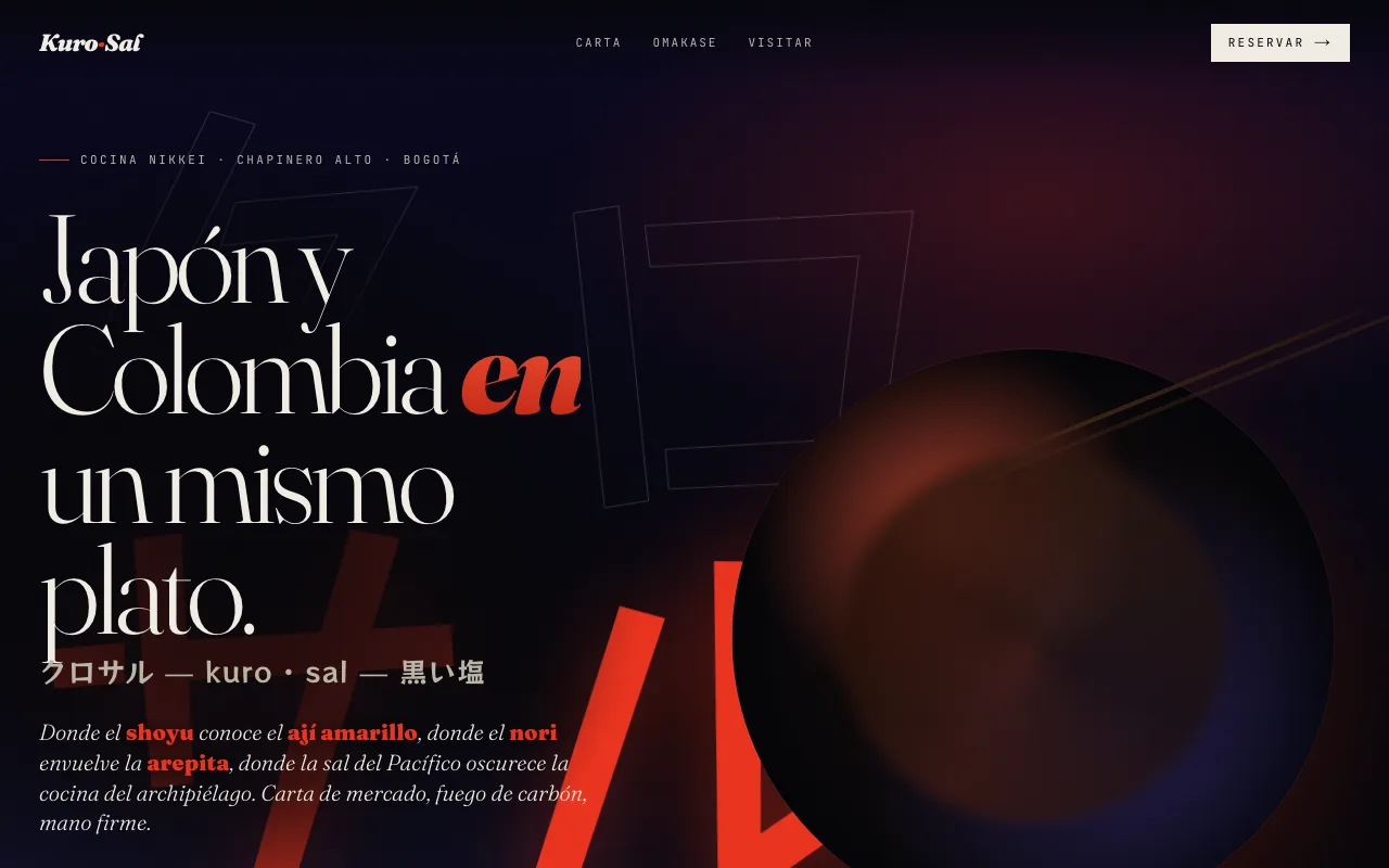 Página web de Kuro·Sal, Cocina Nikkei · Chapinero Alto, Bogotá, diseñada por Sin Página