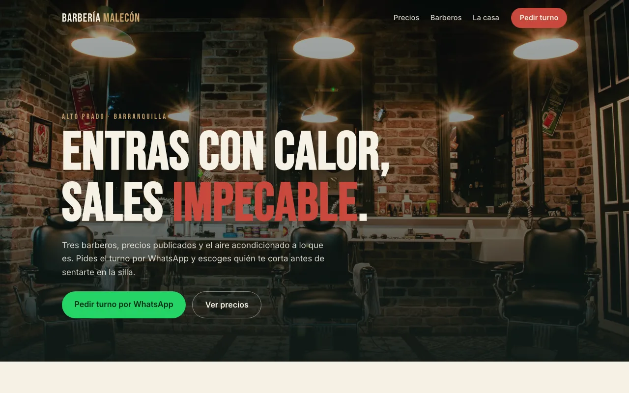 Página web de Barbería Malecón, Barbería · Barranquilla, diseñada por Sin Página