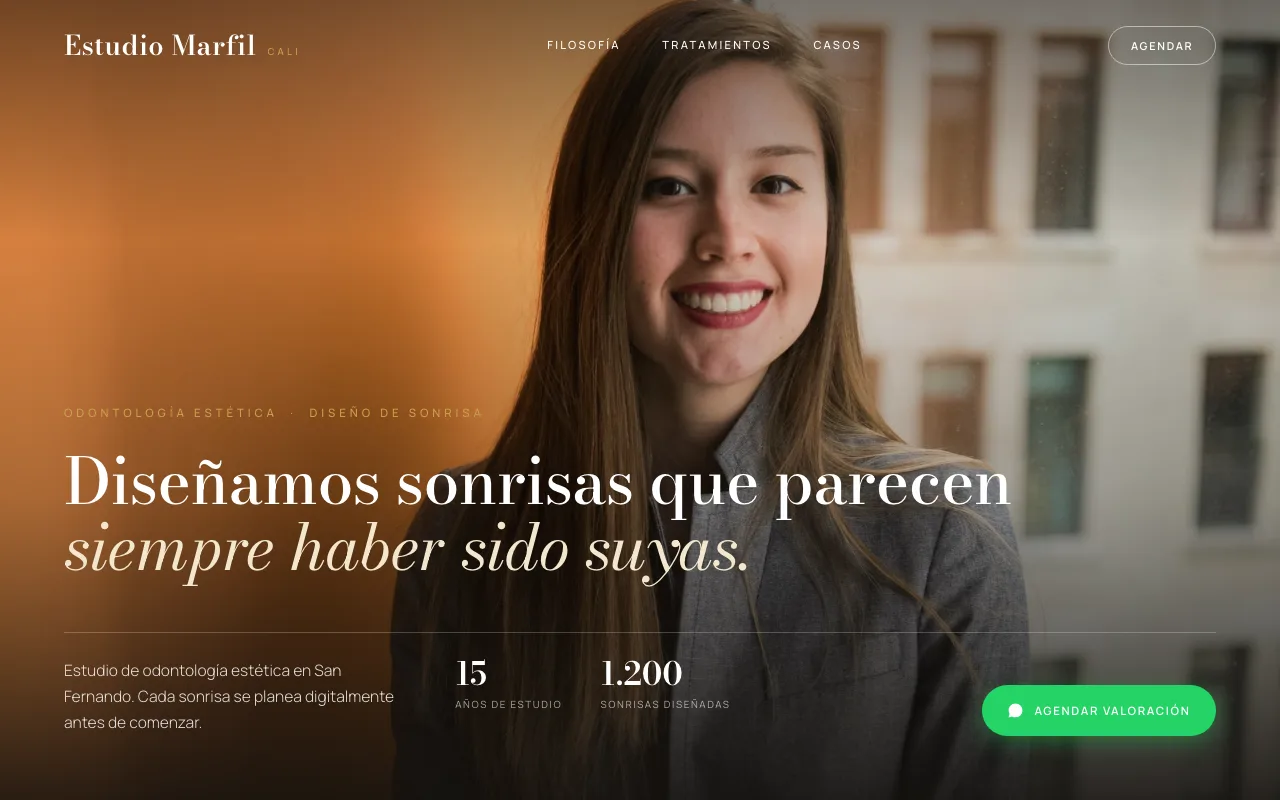 Página web de Estudio Marfil, Odontología estética · Cali, diseñada por Sin Página