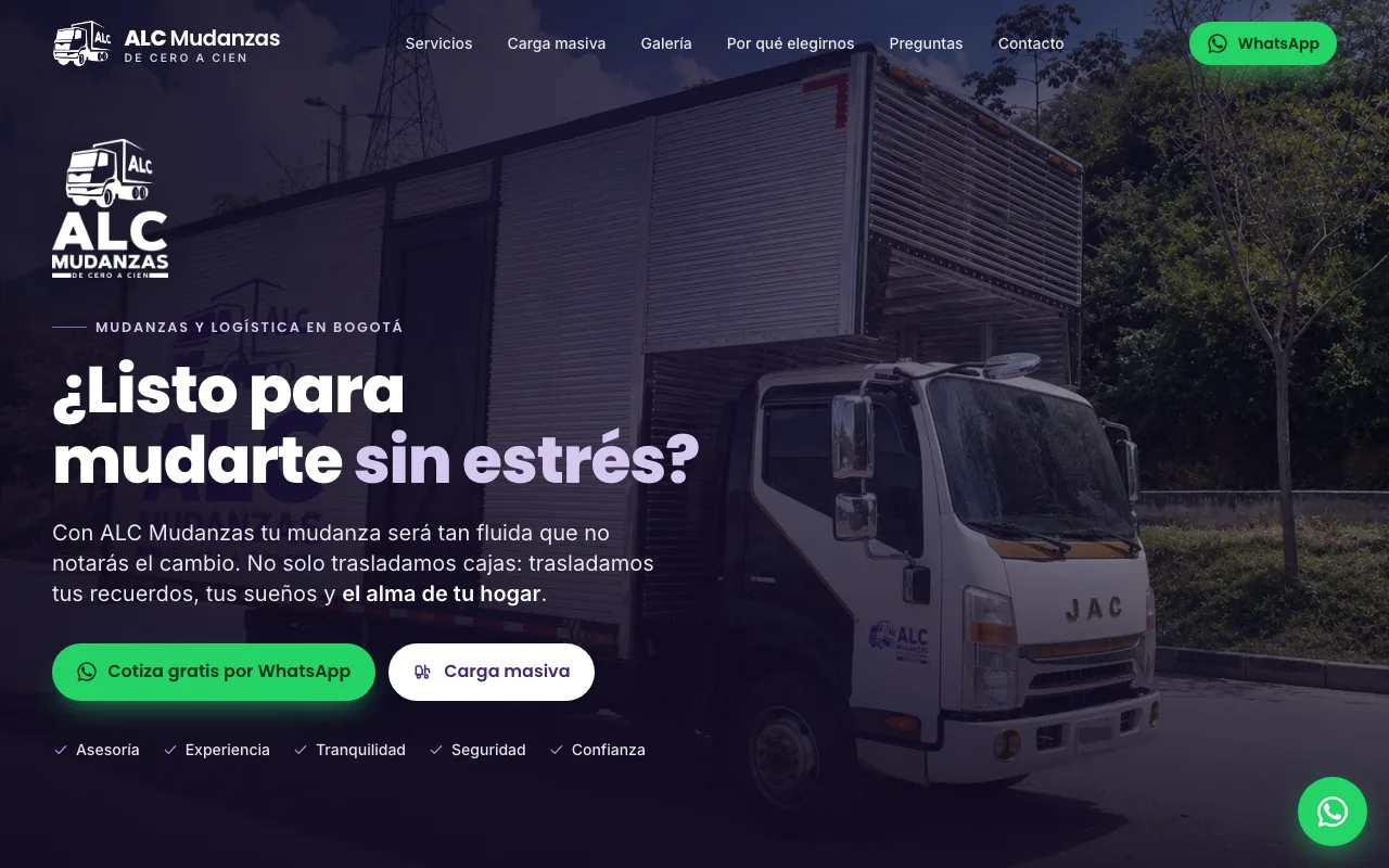 Página web de ALC Mudanzas, Mudanzas y logística · Bogotá, diseñada por Sin Página