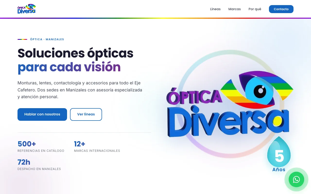 Página web de Óptica Diversa, Óptica · Manizales, diseñada por Sin Página