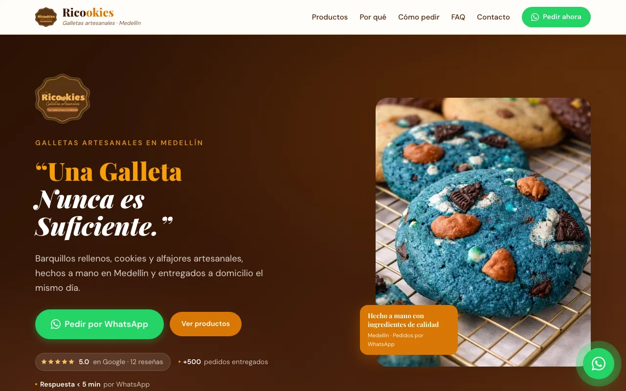 Página web de Ricookies, Galletas artesanales · Medellín, diseñada por Sin Página