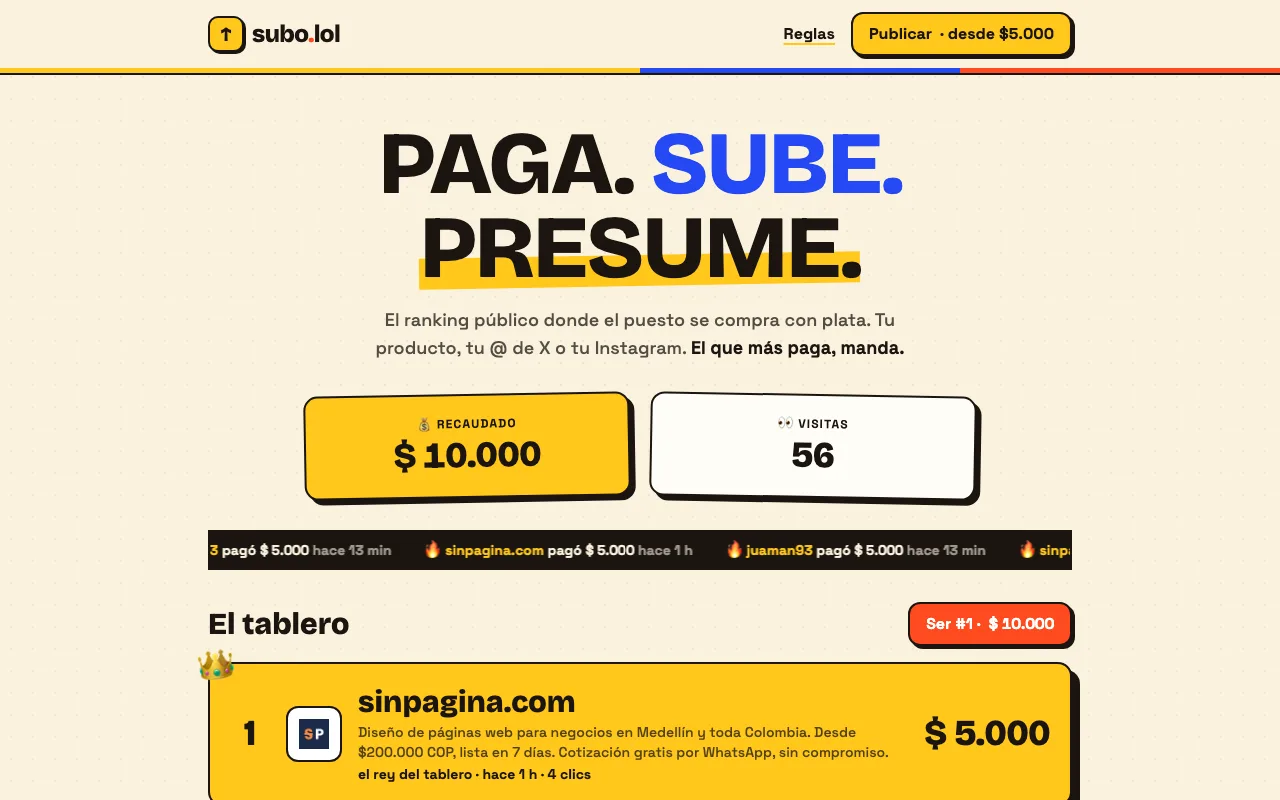 Página web de subo.lol, Marketing · Envigado, diseñada por Sin Página