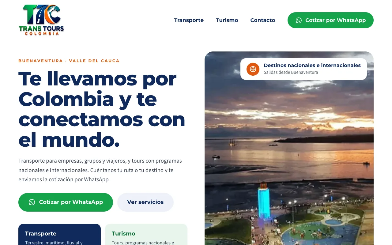 Página web de Transtours Colombia, Transporte y turismo · Buenaventura, Valle del Cauca, diseñada por Sin Página