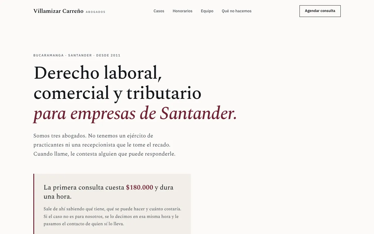 Página web de Villamizar Carreño, Abogados · Bucaramanga, diseñada por Sin Página